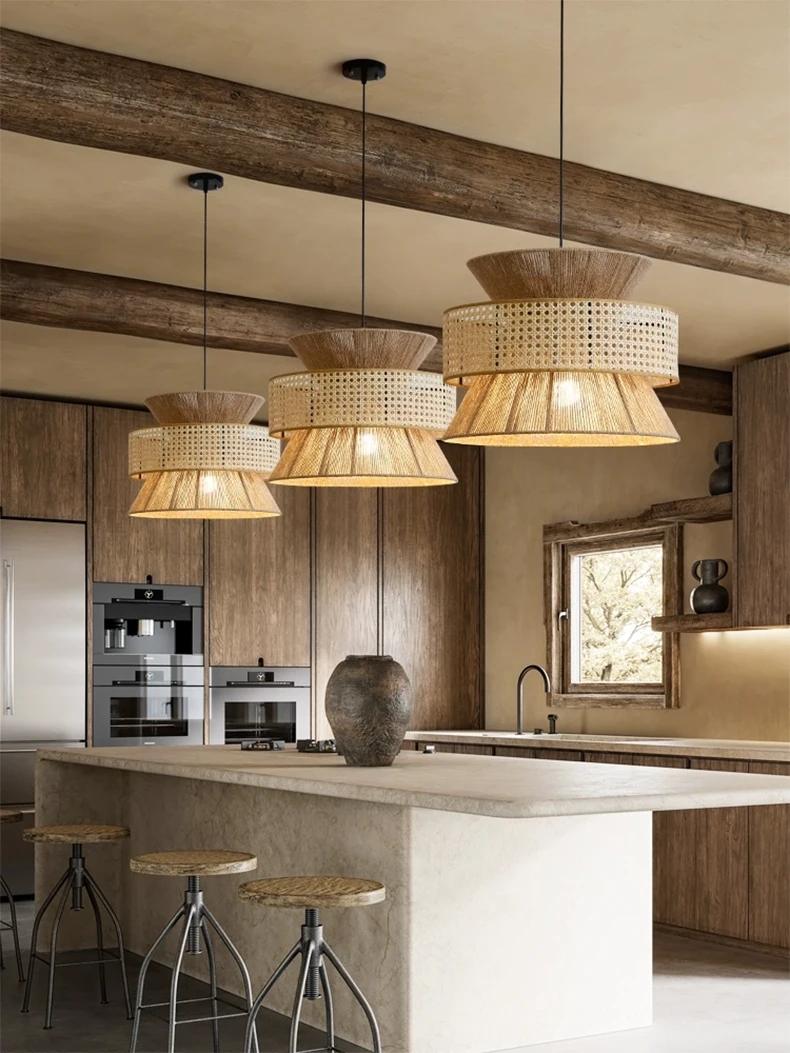 Pendant Light Triple Tiered Shade Hemp and Rattan Weave