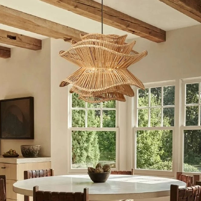 Pendant Light Wavy Woven Rattan Cane Tiered Flower Design