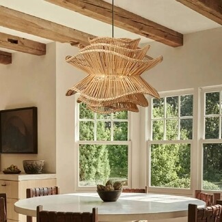 Pendant Light Wavy Woven Rattan Cane Tiered Flower Design