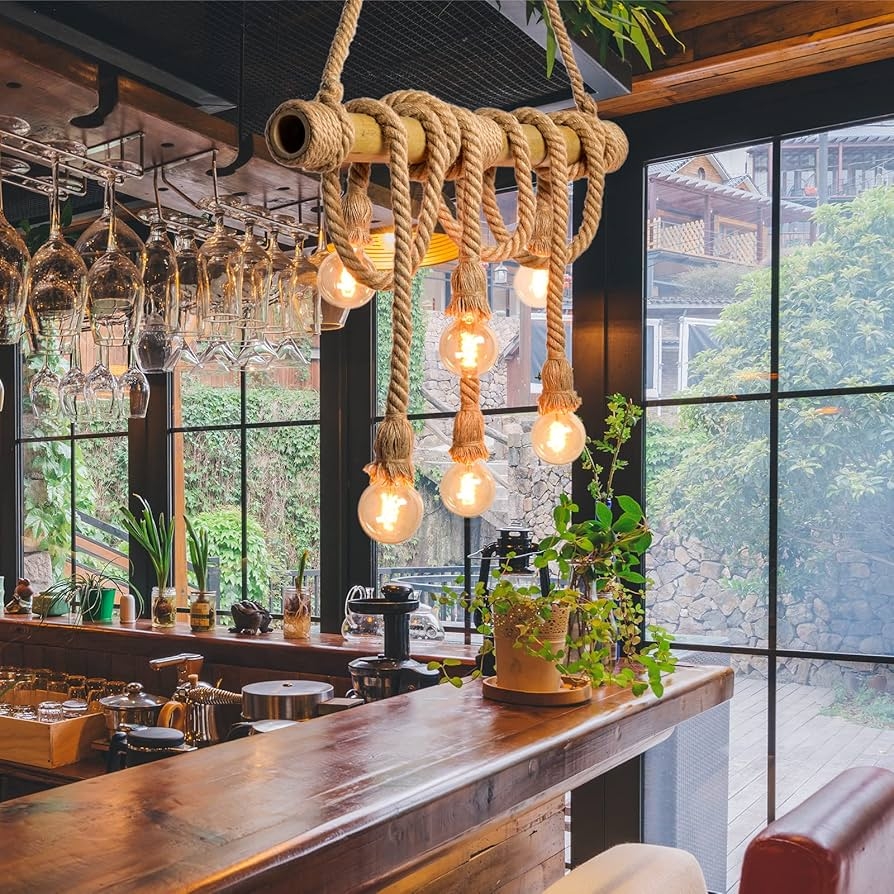 Pendant Light with Adjustable Drops Rope Wrapped Beam