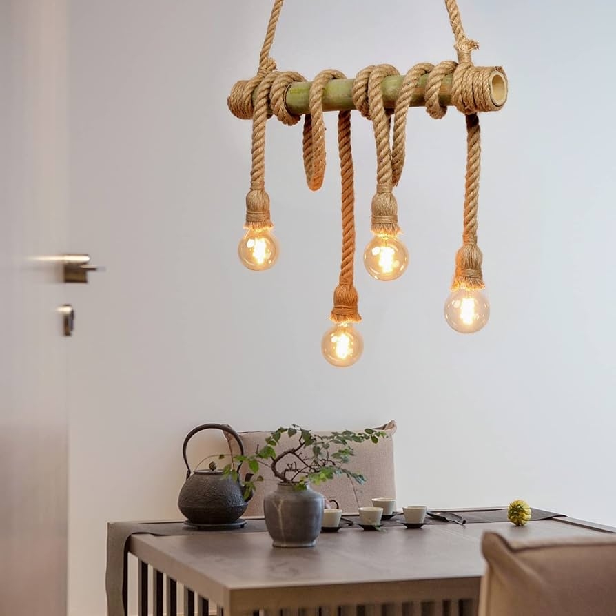 Pendant Light with Bamboo Pole and Rustic Hemp Rope