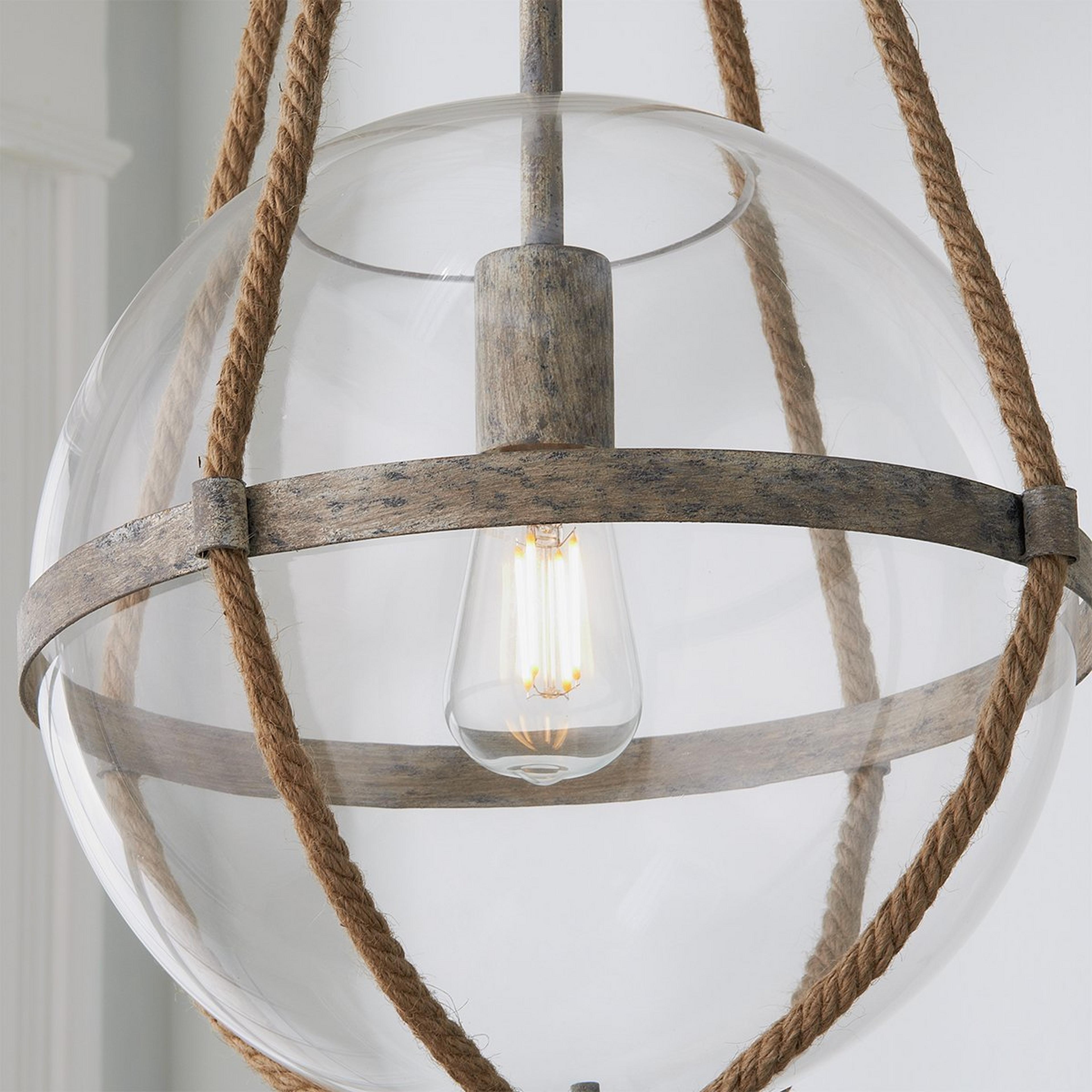 Pendant Light with Clear Glass Globe and Rope Frame