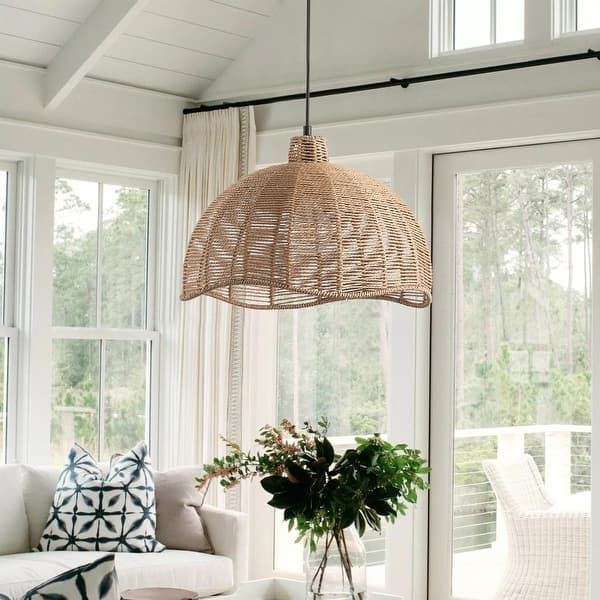 Pendant Light with Scalloped Edge Woven Paper Rope Dome
