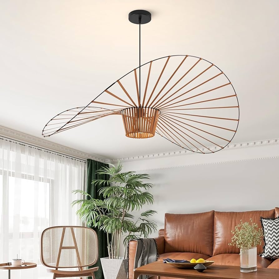 Pendant Light with Sculptural Hat Shape and Radiating Slats