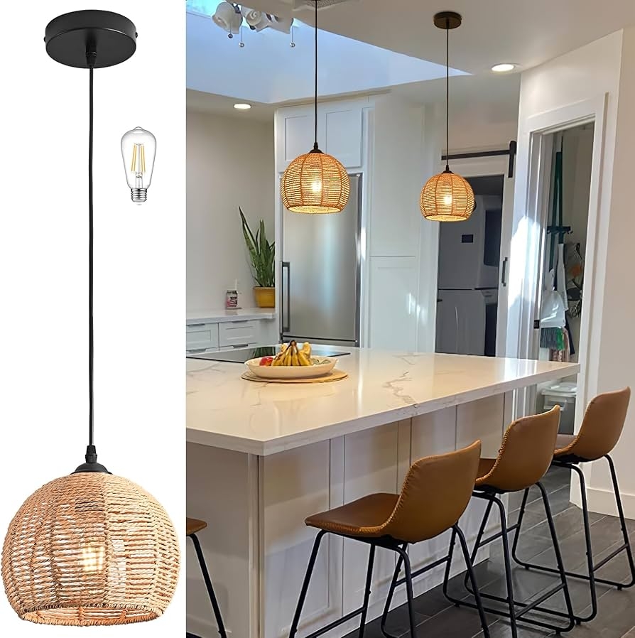 Pendant Light Woven Hemp Texture Dome Boho Island Lamp