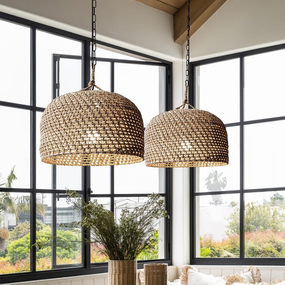 Pendant Light Woven Rattan Dome with Black Chain Hardware
