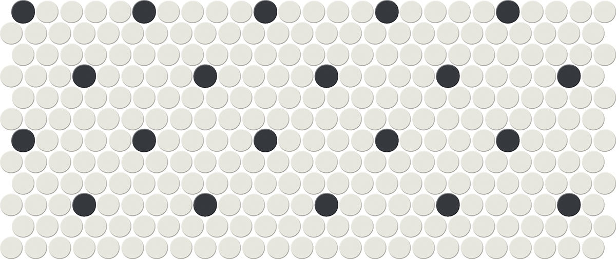 Penny Round Tile Arctic White Matte Black Retro Dot Pattern