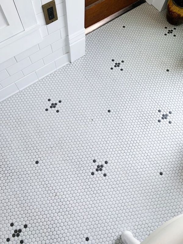 Penny Tile Ceramic Matte White Charcoal Floral Layout