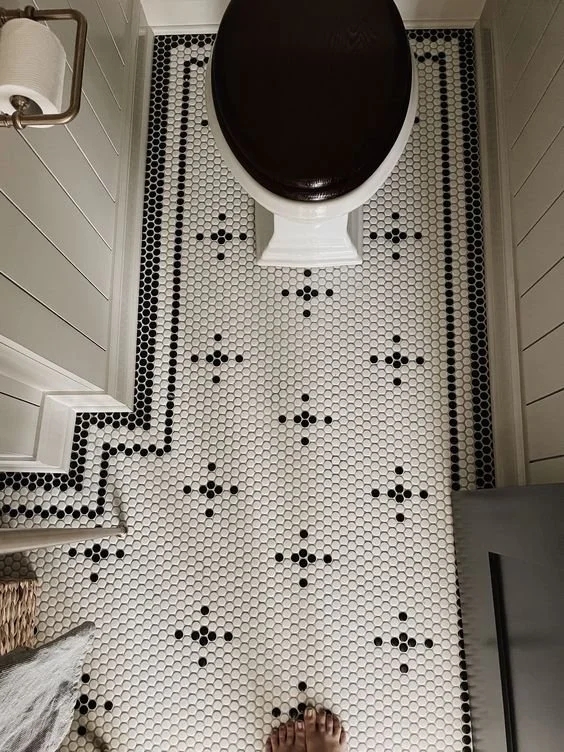 Penny Tile Floor Stark White Charcoal Border Inlay
