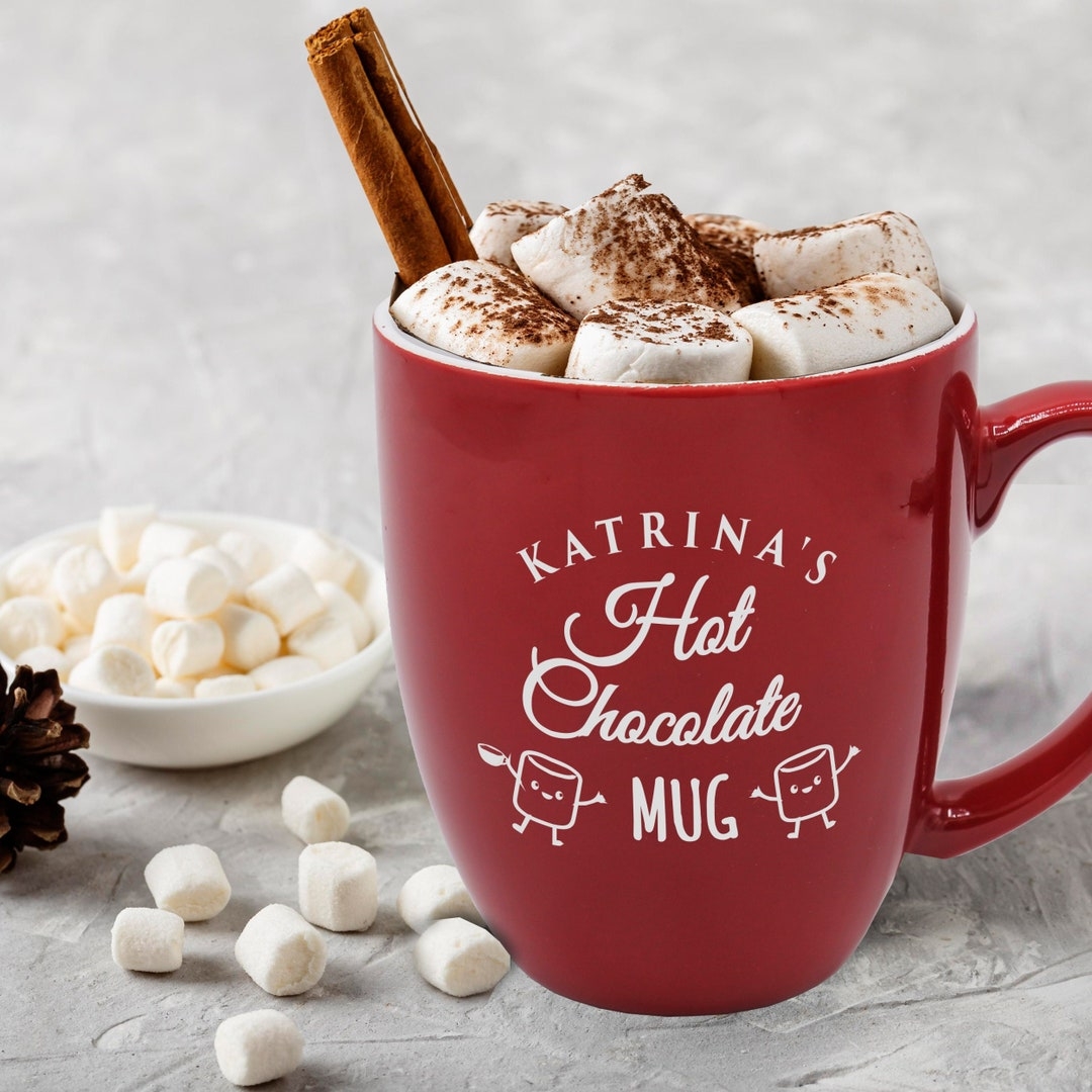 Personalized Mug: Deep Red Custom Name Hot Cocoa Cup with Character