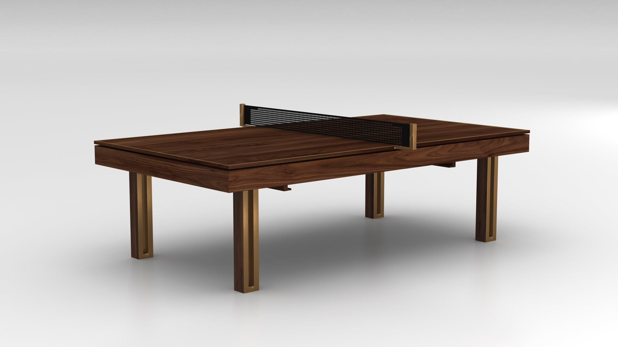Ping Pong Table Accented With Gold Leg Inserts and Walnut