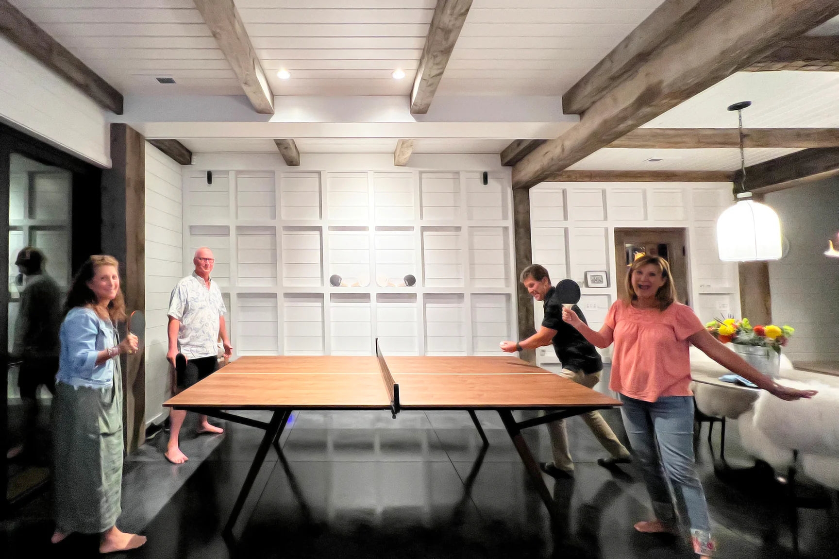 Ping Pong Table Utilizing Walnut Wood Top and Angled Metal