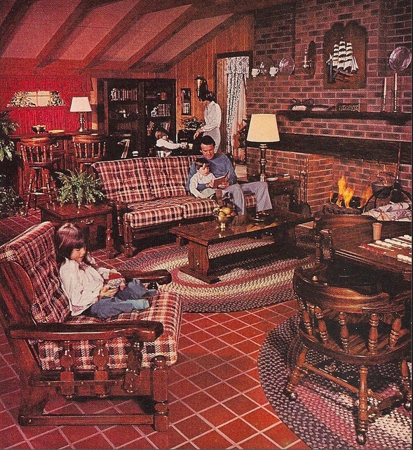 Plaid Sofa Set With Spindle Wood Frames and Brick Fireplace