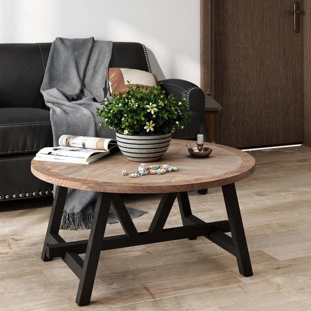 Planked Top Coffee Table with Round Silhouette and X-Frame