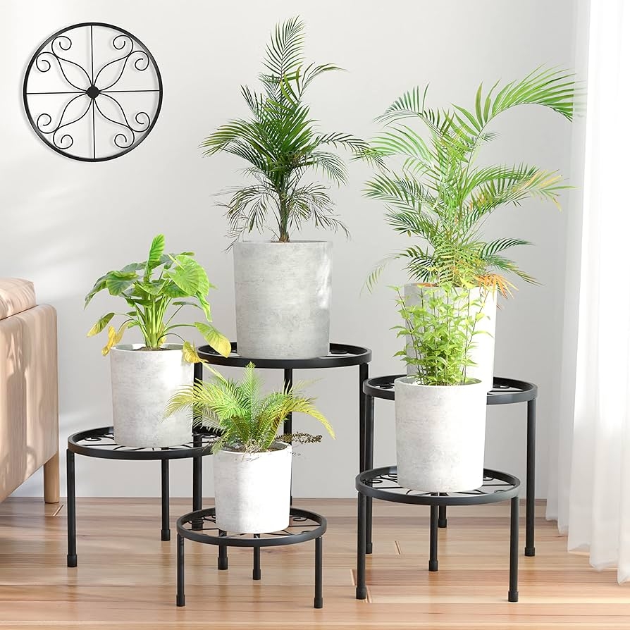 Plant Stand Five Piece Set Iron Multi-Height Plant Pedestals