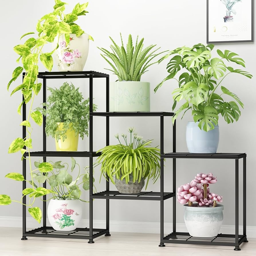 Plant Stand Seven Pot Capacity Matte Black Metal Plant Rack