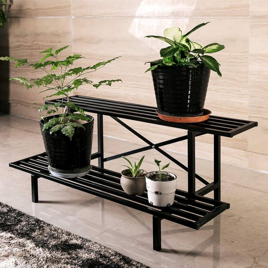Plant Stand X-Frame Brace Two Tier Slatted Black Garden Shelf