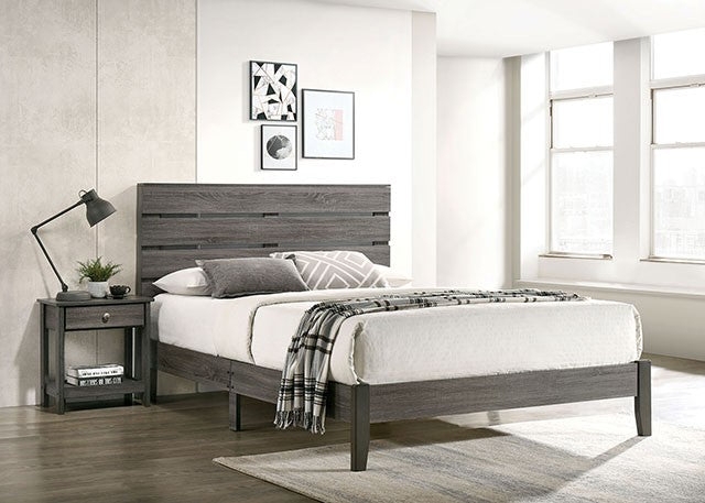 Platform Bed Ash Grey Finish Slatted Headboard Frame