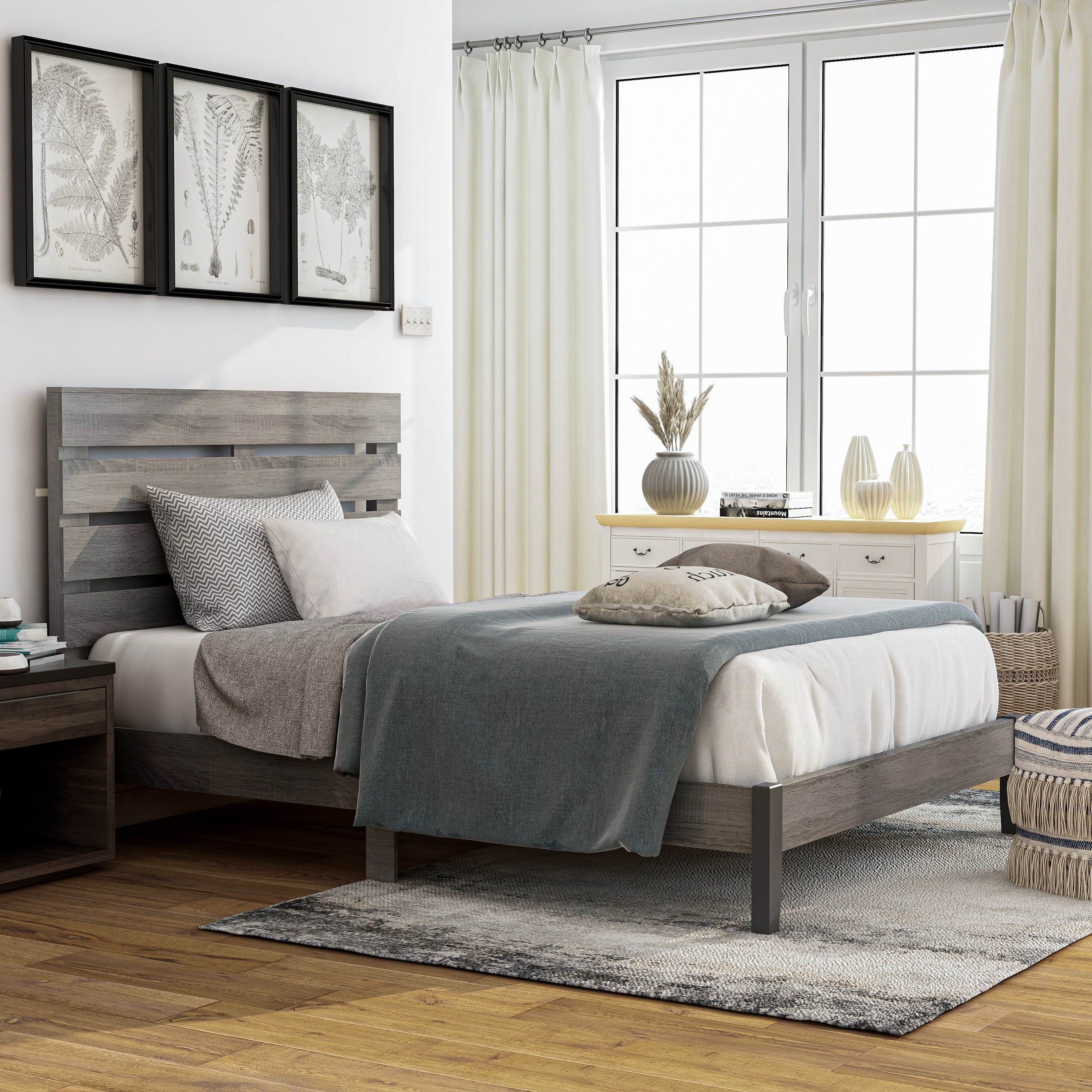 Platform Bed Ash Tones Horizontal Slat Frame Bed