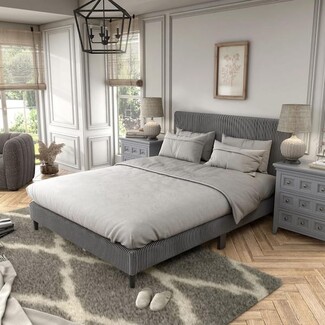 Platform Bed Dark Gray Corduroy Ribbed Fabric Frame