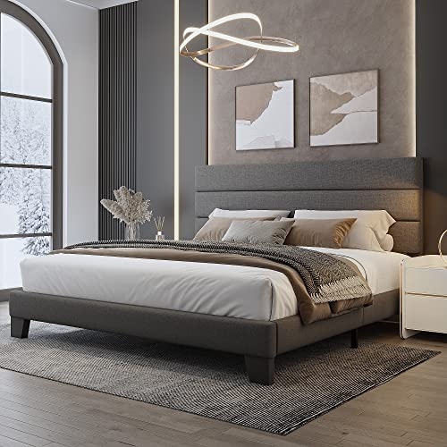 Platform Bed Dark Grey Linen Channeled Bed Frame
