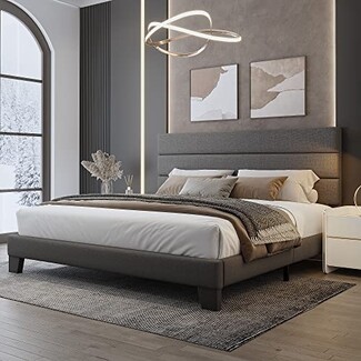 Platform Bed Dark Grey Linen Channeled Bed Frame