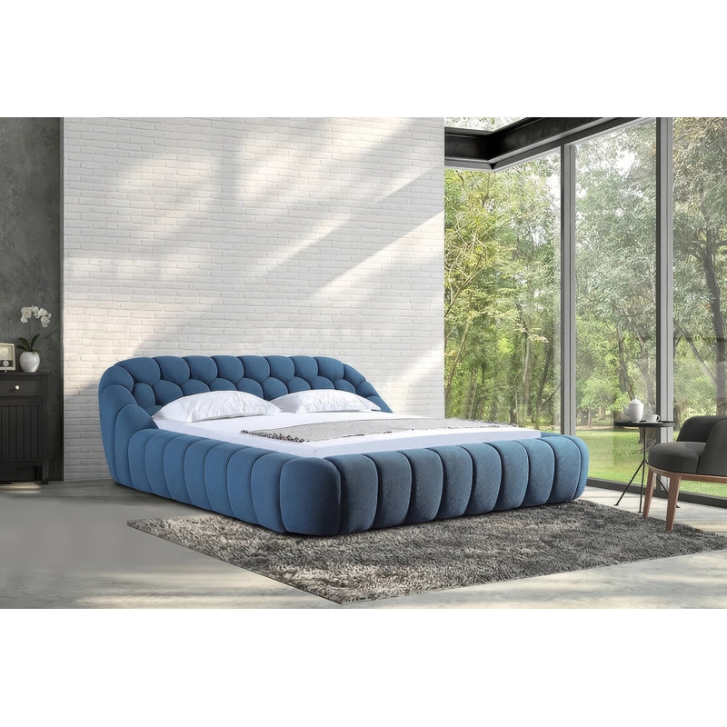 Platform Bed Denim Blue Bubbled Tufted Silhouette