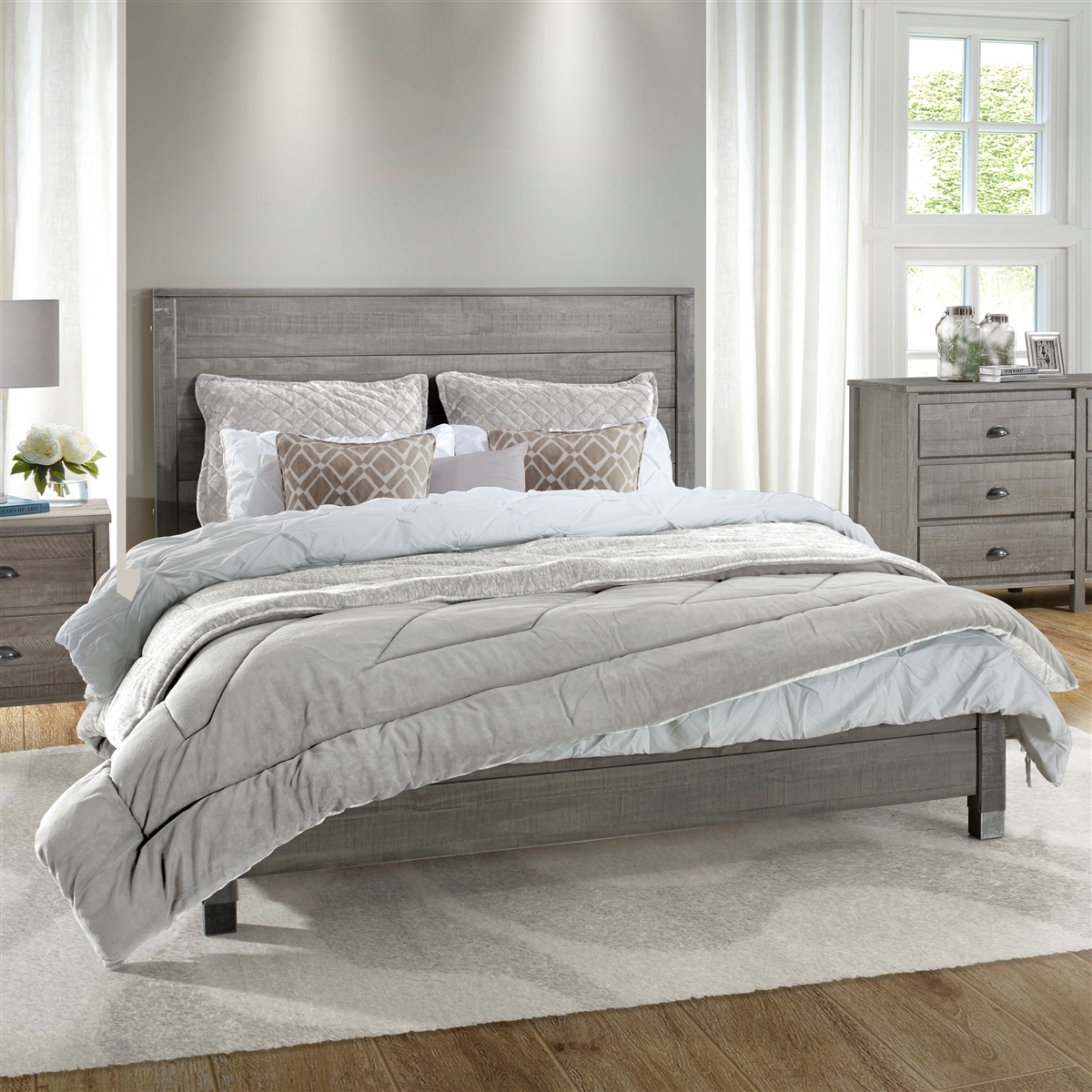 Platform Bed Driftwood Finish Metal Capped Foot Frame