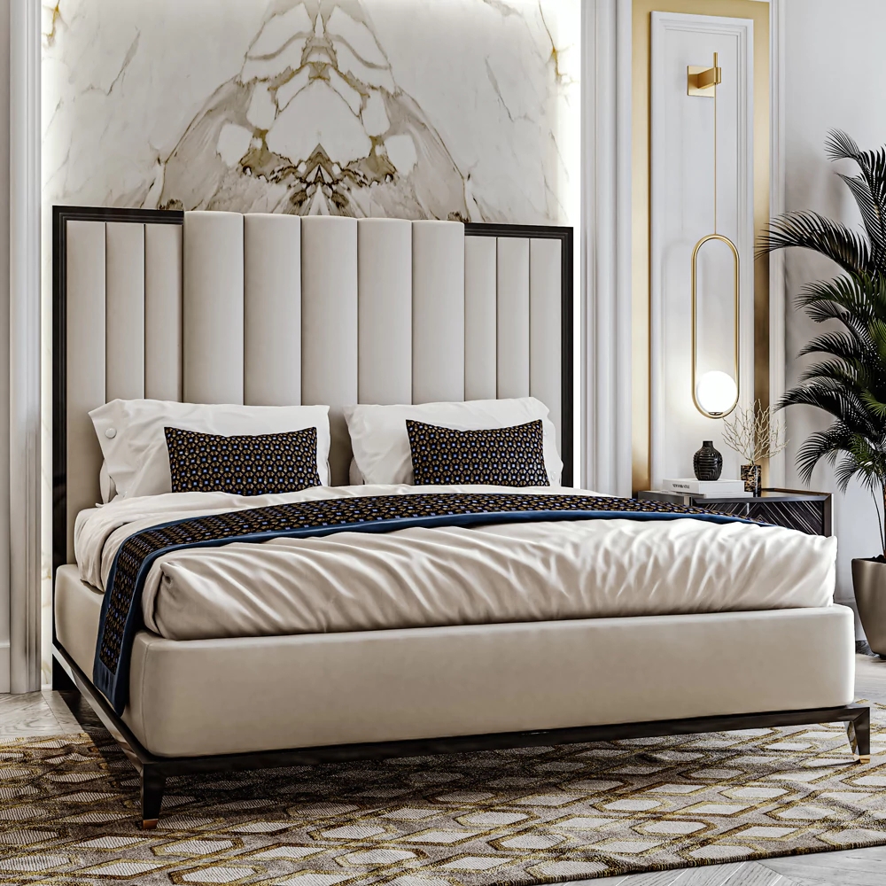Platform Bed featuring Vertical Channel Tufting and Wood Border
