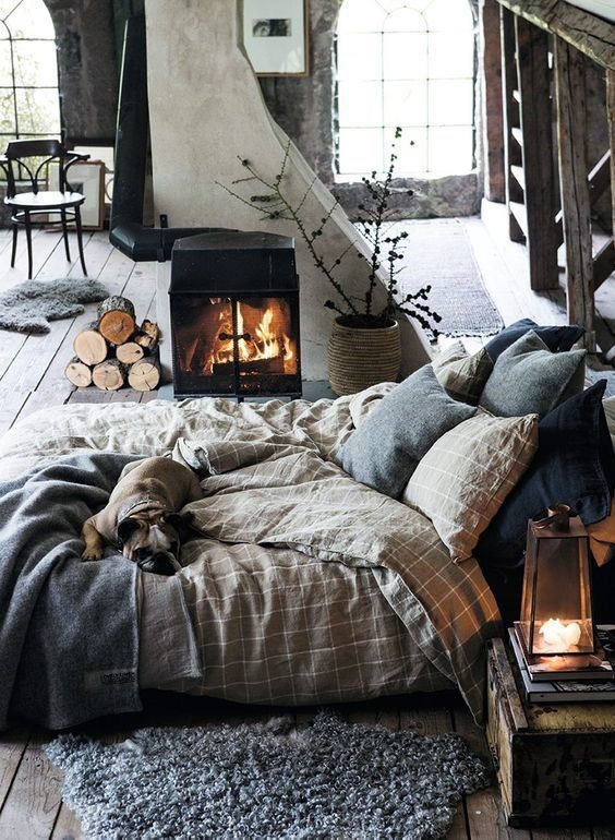 Platform Bed featuring Wood Burning Fireplace and Windowpane Check