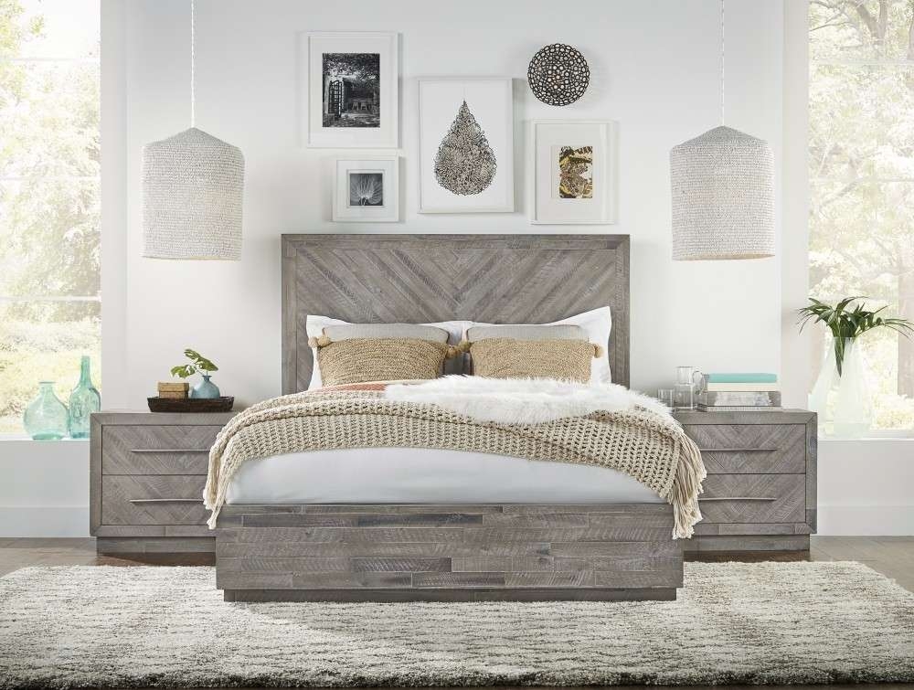 Platform Bed Herringbone Pattern Weathered Grey