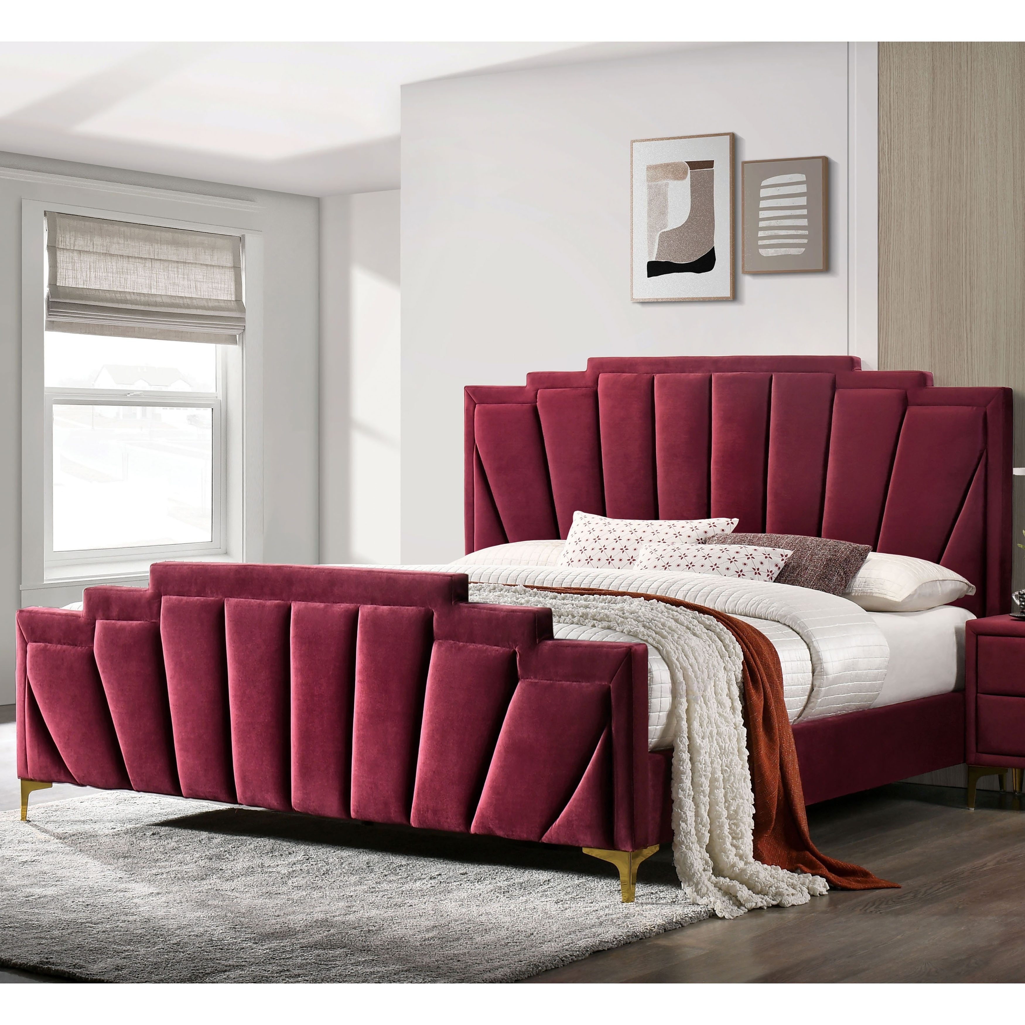 Platform Bed in Burgundy Velvet with Art Deco Fan Headboard