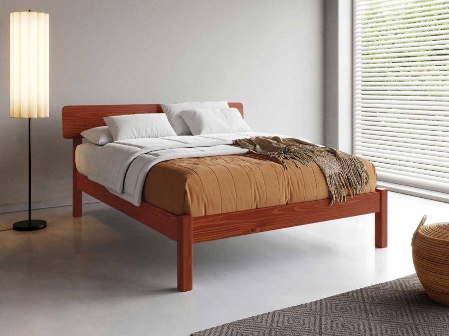 Platform Bed in Honey Wood with Minimalist Slab Headboard