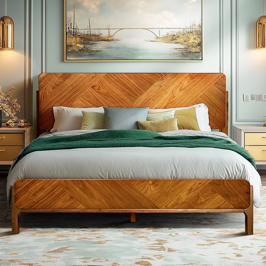 Platform Bed in Solid Acacia with Chevron Wood Pattern