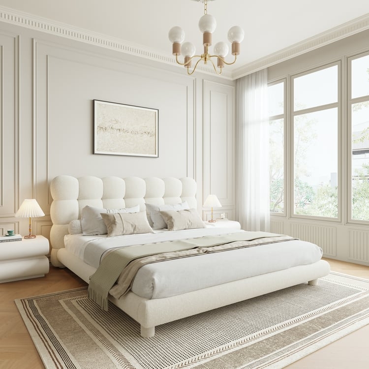 Platform Bed Ivory White Bubble Headboard King Frame