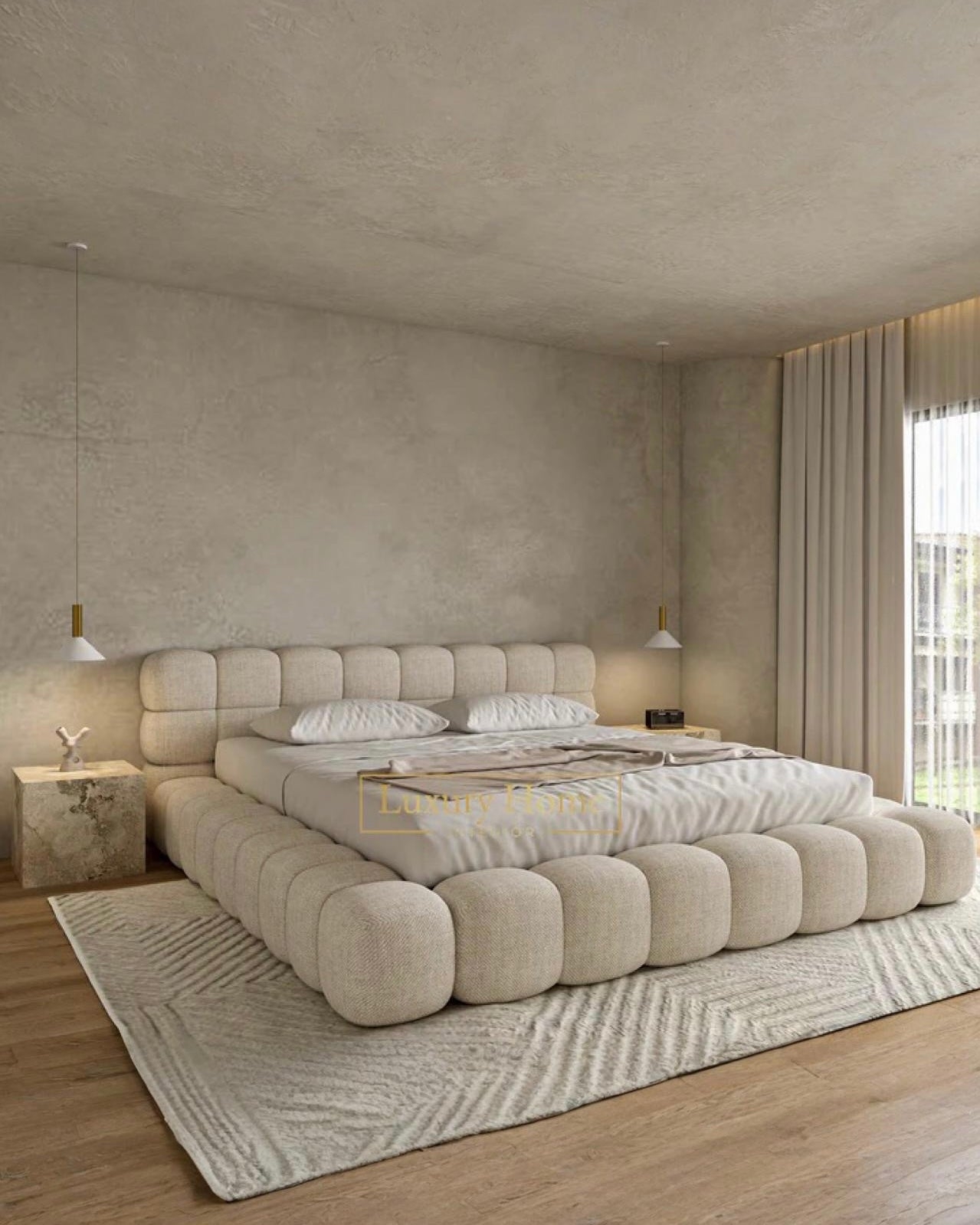 Platform Bed Marshmallow Frame Warm Beige Tufting