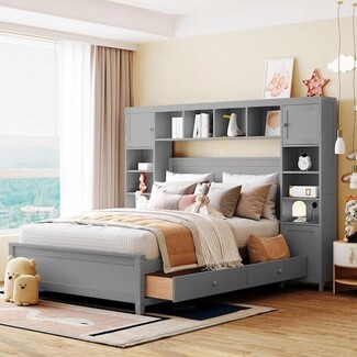 Platform Bed Matte Gray Headboard Bookcase Frame