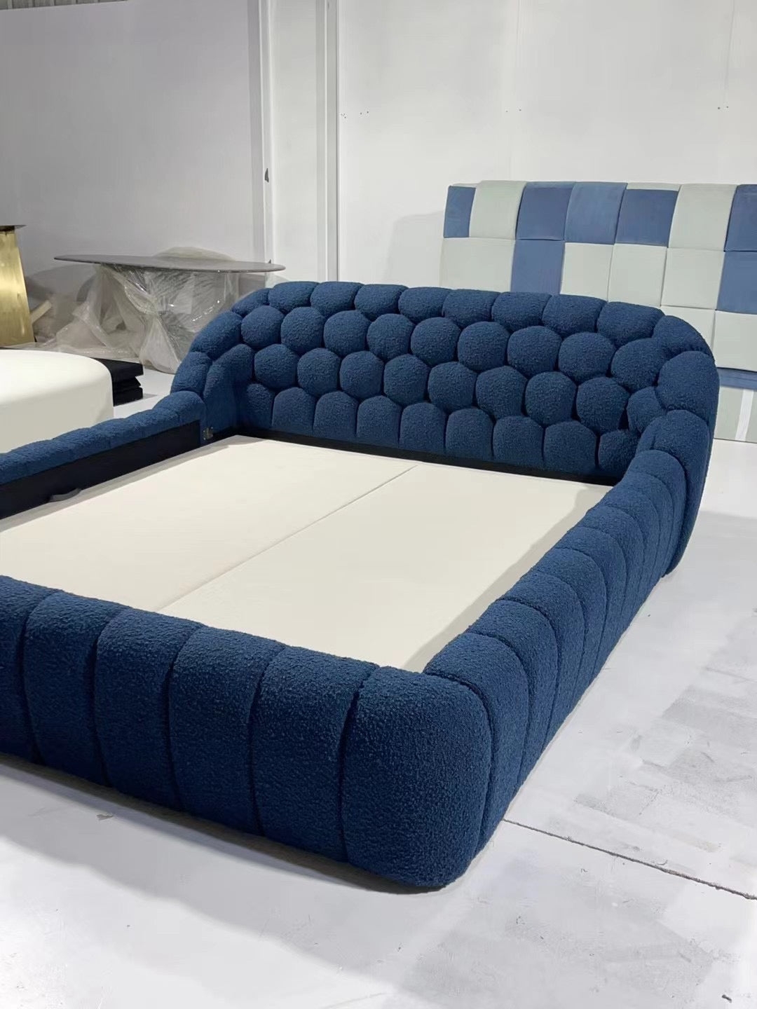 Platform Bed Navy Bouclé Frame Sculptural Bed Shapes