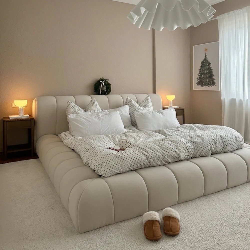 Platform Bed Oversized Headboard Light Beige Base