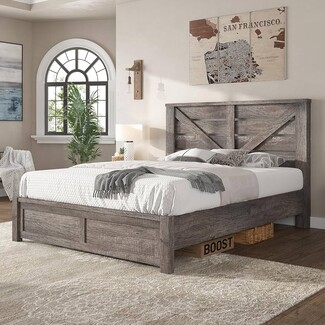 Platform Bed Rustic Gray Barn Door Headboard Frame