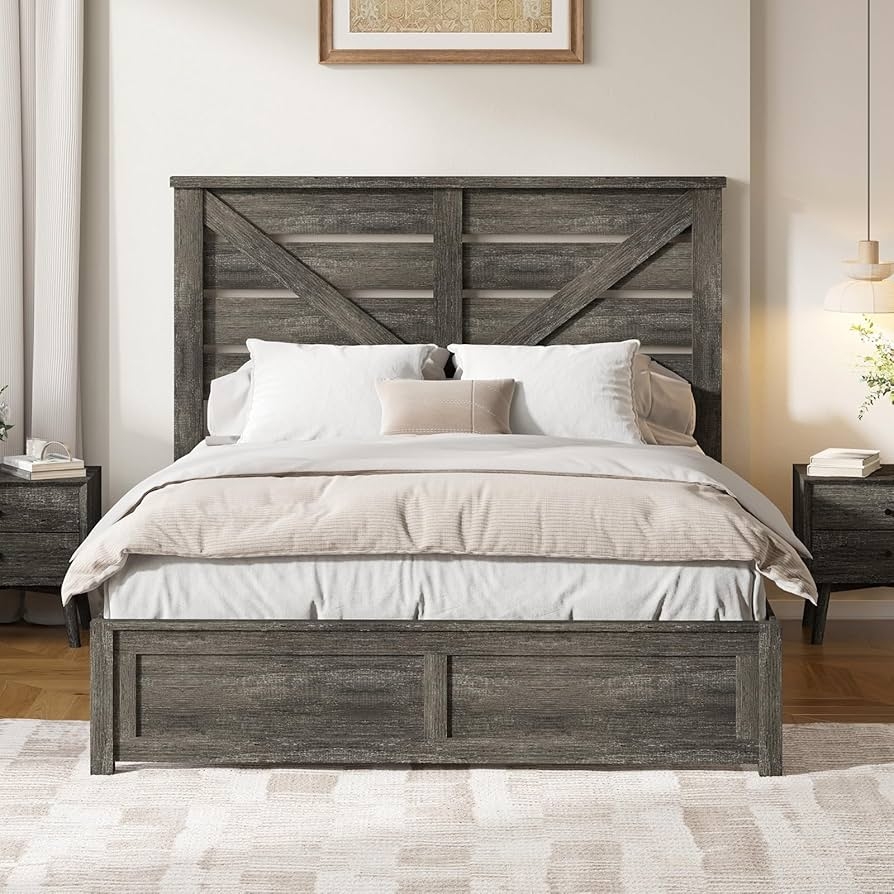 Platform Bed Weathered Finish X-Brace Headboard Frame