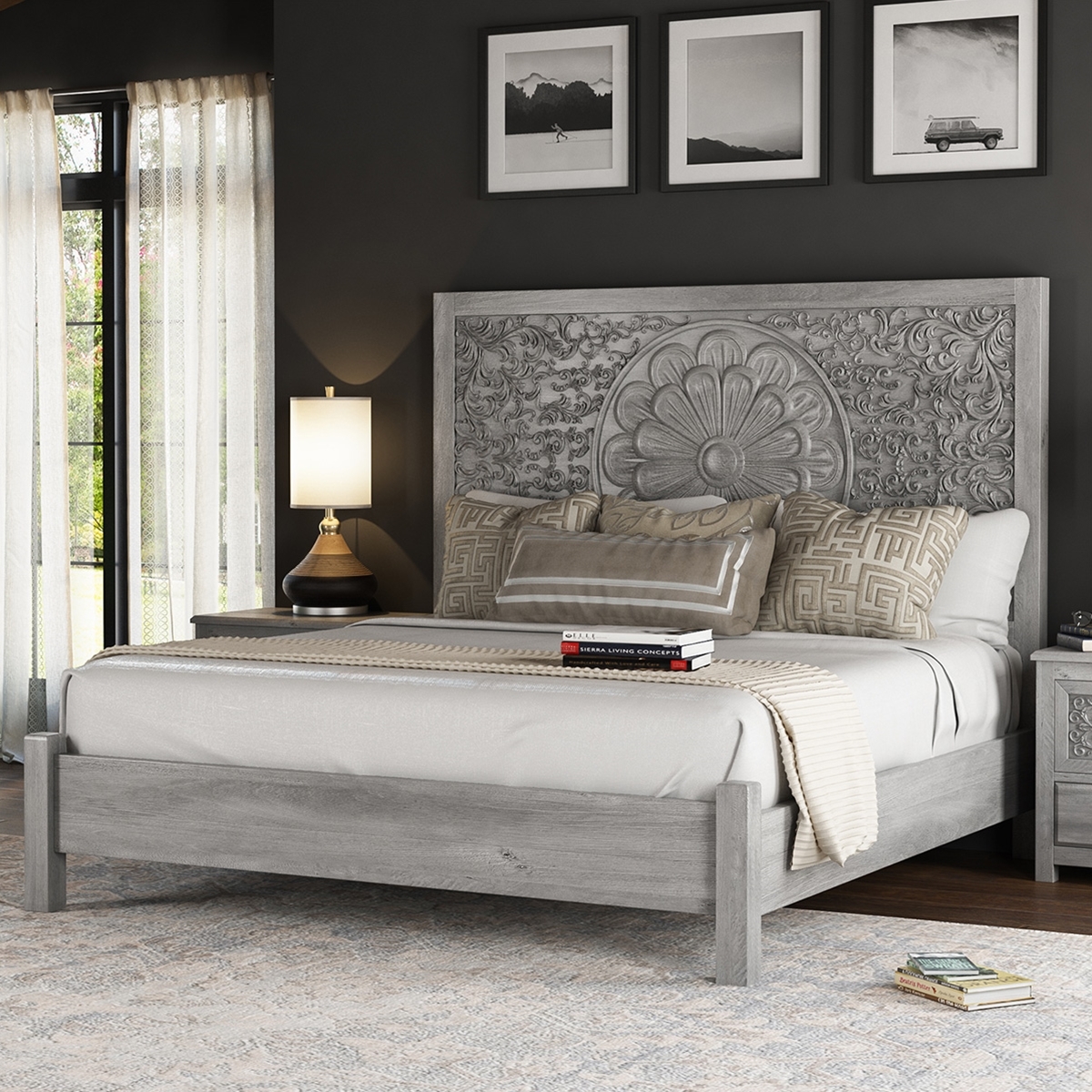 Platform Bed Weathered Grey Medallion Carving Farmhouse