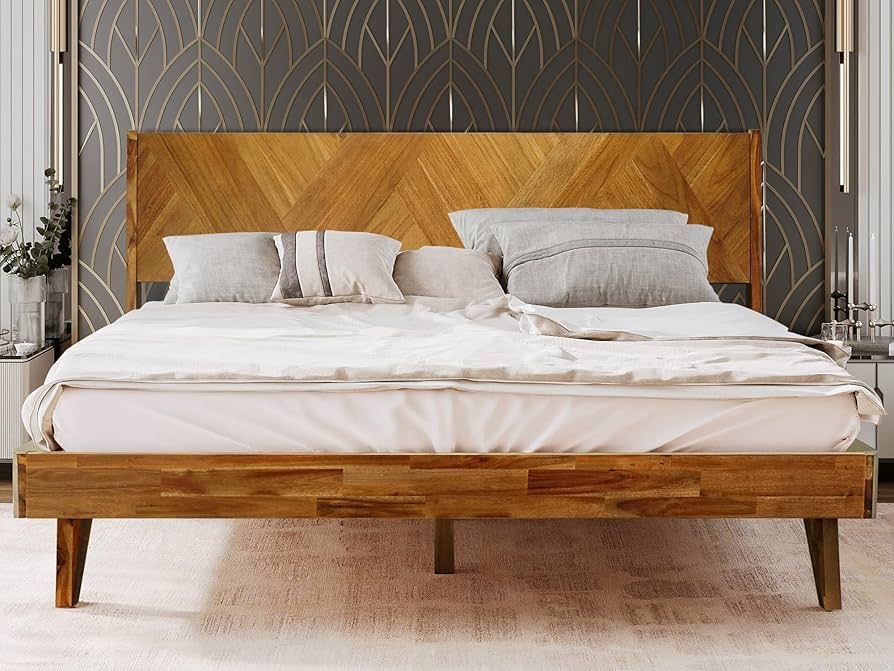 Platform Bed with Chevron Wood Headboard and Tapered Legs