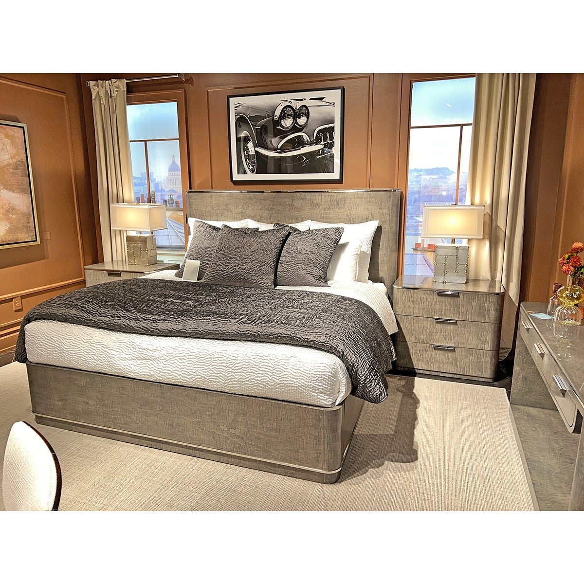 Platform Bed with Metallic Trim and Grey Maple Wood Veneer