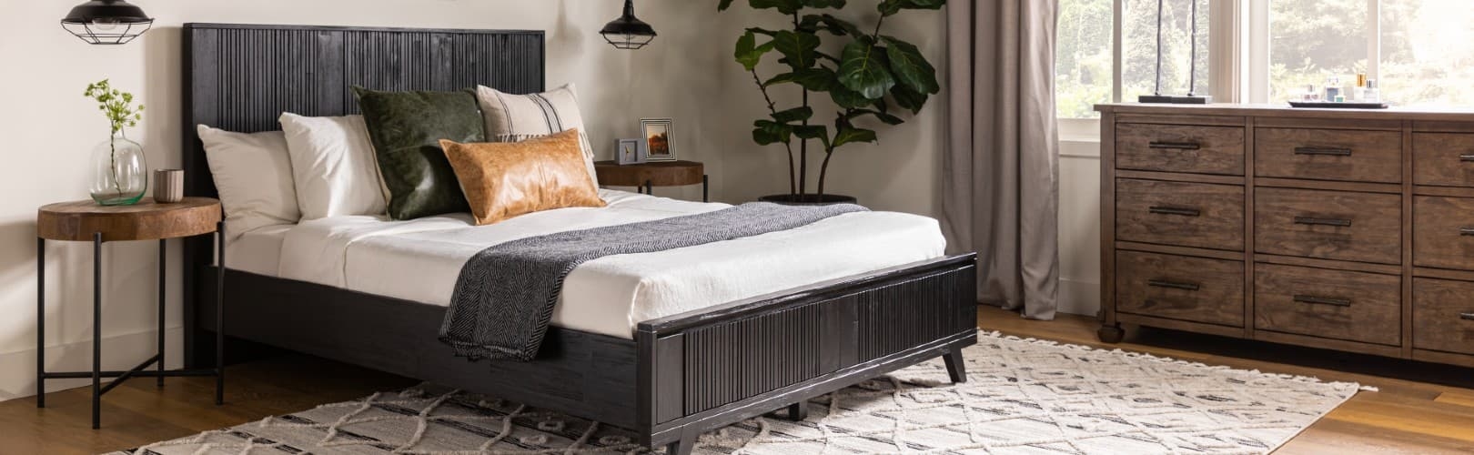 Platform Bed with Slatted Headboard and Leather Accent Pillows