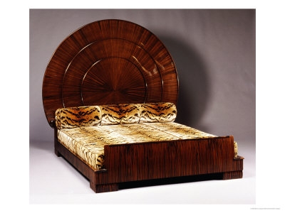 Platform Bed with Sunburst Headboard and Tiger Print Bedding