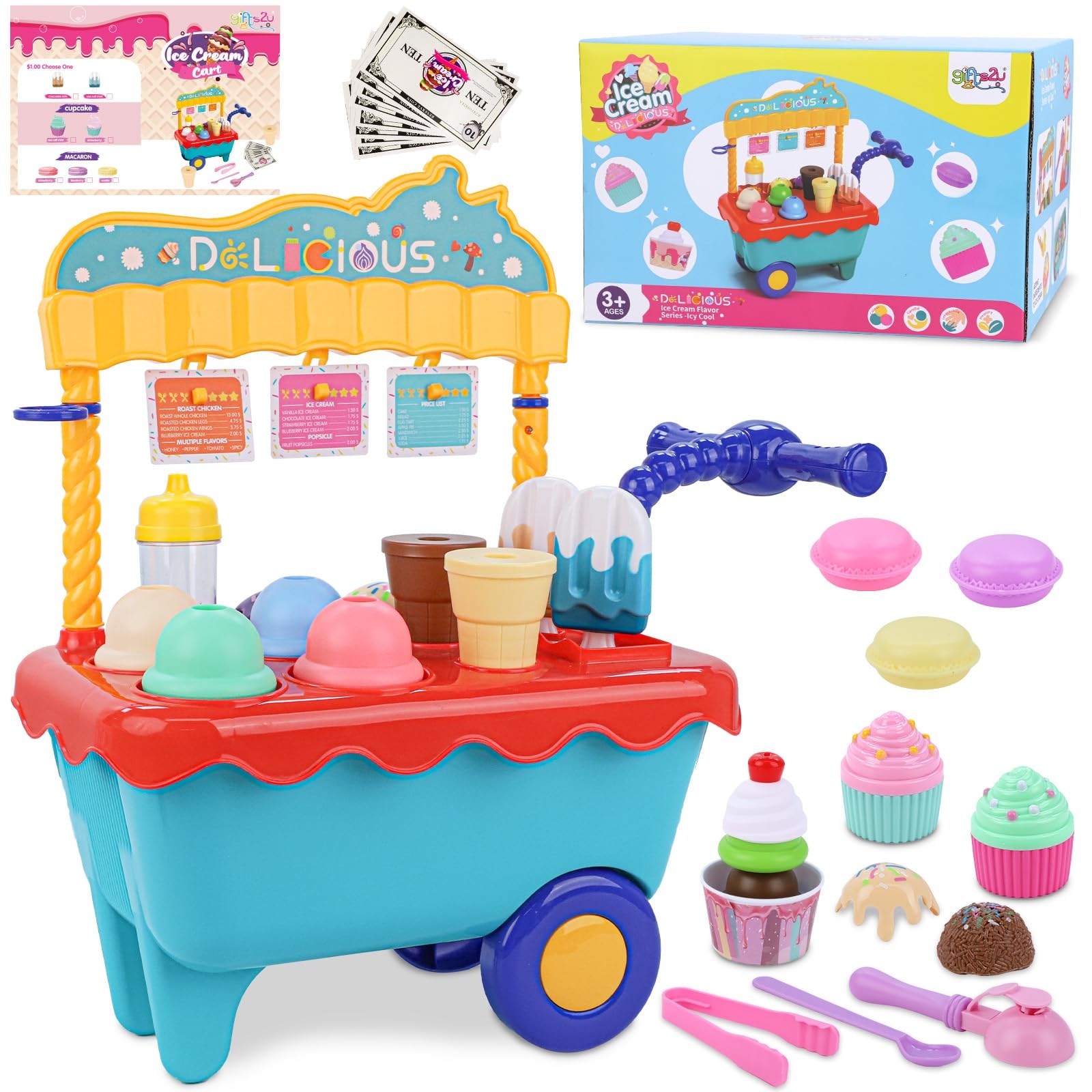 Play Food Set: 45 Piece Storage Trolley with Scalloped Trim