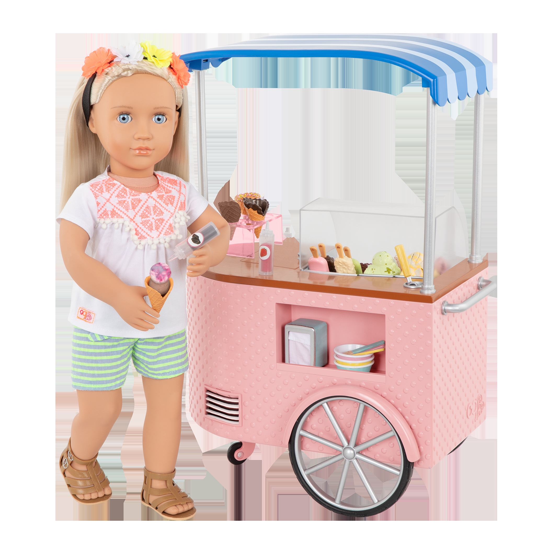 Polka Dot Texture Toy Cart: Pink Striped Awning Design