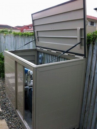 Pool Equipment Cover: Sliding Access Panels Taupe Box