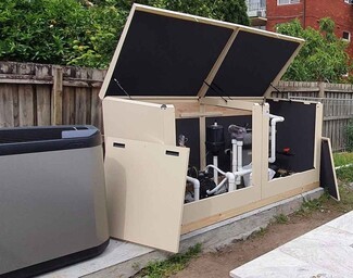 Pool Pump Enclosure: Beige Gas Strut Lifters Storage Box